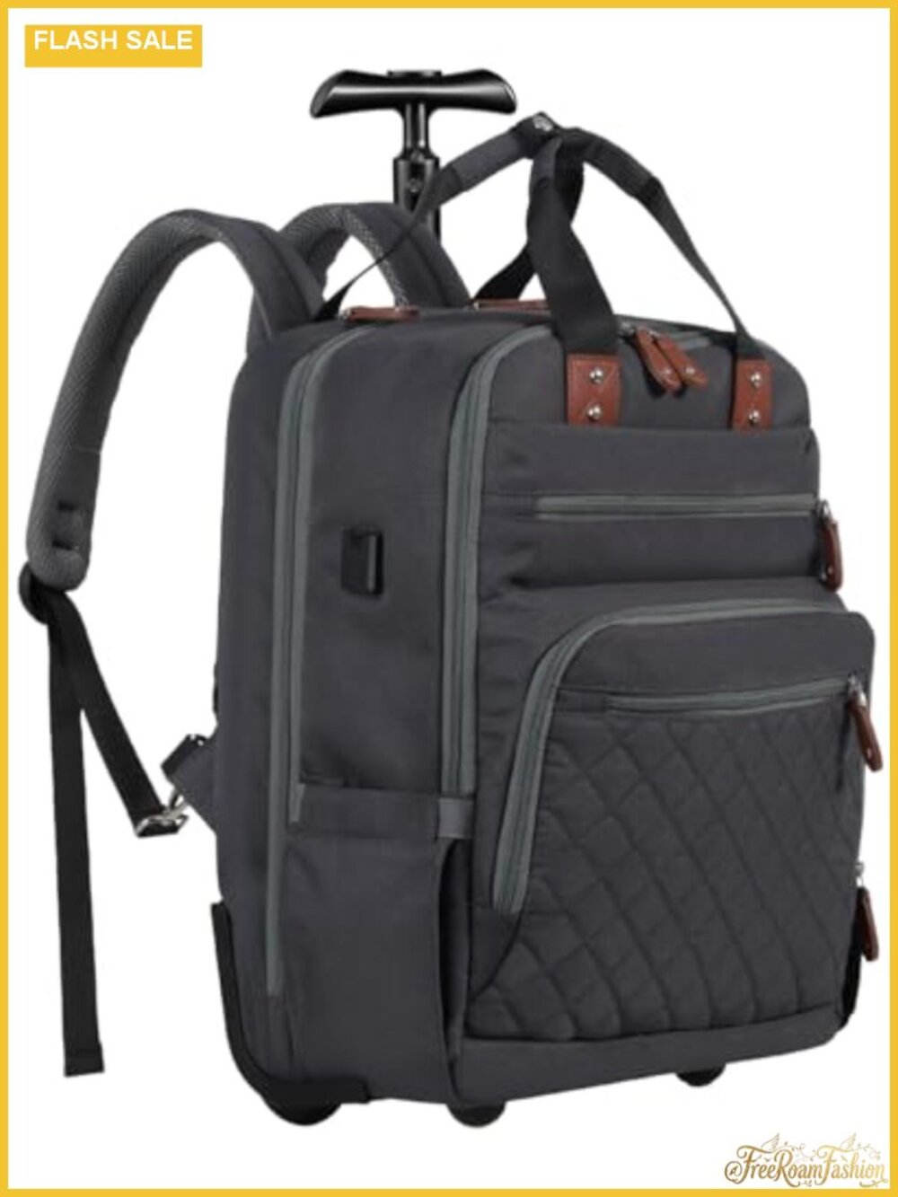 Rolling Backpack Carry On Luggage Anti Theft USB Port Fits 15.6" Laptop